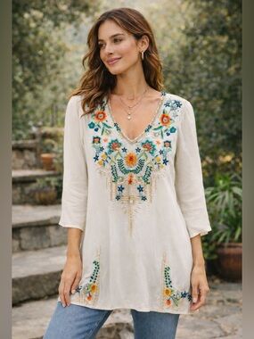Johnny Was Embroidered Tunic Boho Floral V-Neck Relaxed Fit S